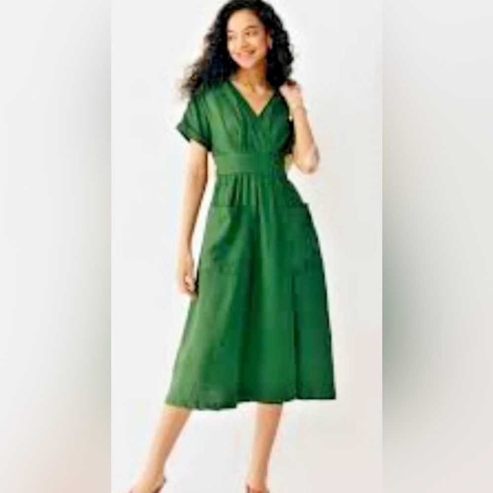 Grae Cove Frankie Linen Navy Blue Pocket V-neck Wrap Belted Midi Dress Large - Picture 10 of 10